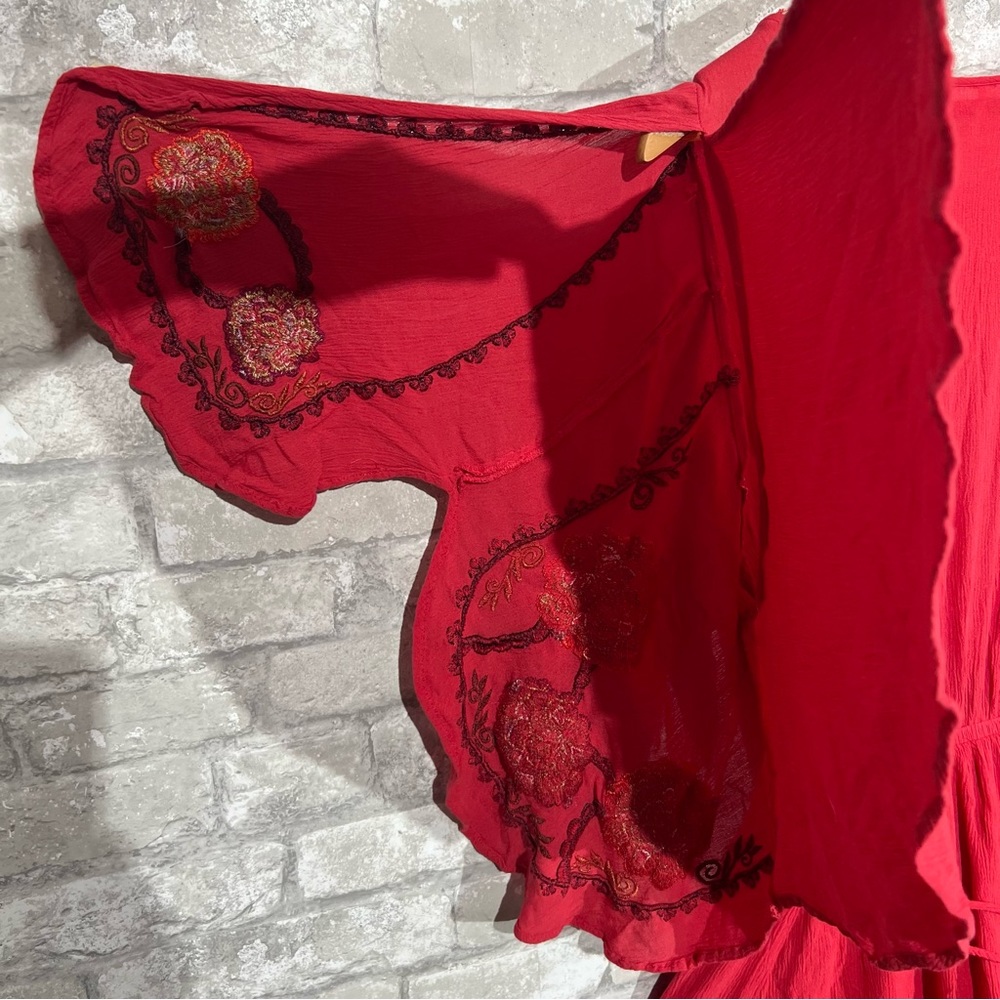 Free People Women's Small Cora Mini Dress Red Floral Embroidery Flutter Sleeve - Picture 10 of 15